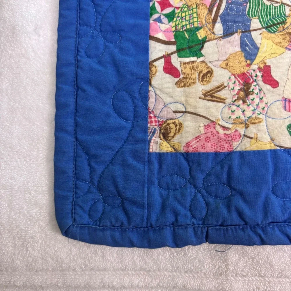 Handmade Teddy Bear Quilt Blue White Checkered Pattern Toddler Baby Blanket‎
